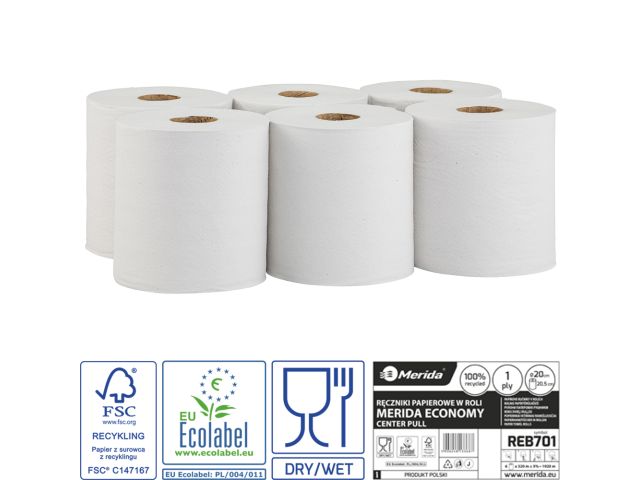 Ręczniki papierowe w roli MERIDA ECONOMY CENTER PULL MAXI, białe, średnica 20 cm , długość 320 m, jednowarstwowe, zgrzewka 6 rolek, ECOLABEL